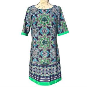 Eliza J -1040 Half Sleeve Green Blue Sheath Dress Stretch Kaleidoscope Size 12‎
